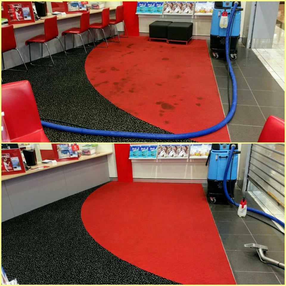 Black and red carpets in a commercial place, before and after picture indicating dirty carpets with footsteps and the after picture completely clean and sparkling 