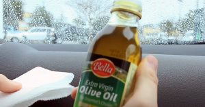 Mini Bella Olive oil bottle in one hand and tissue in other hand